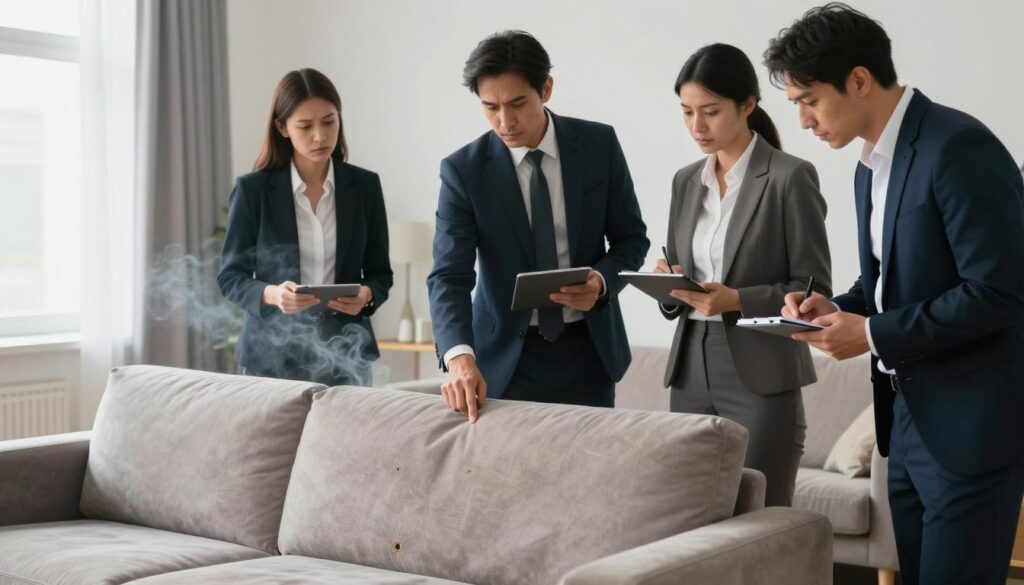 A serious investigation scene following an accident, focused on a group of three professionals in business attire—two men and one woman—analyzing the remnants of a damaged sofa in a well-lit, modern living room setting. The foreground features the damaged sofa, with slight smoke rising around it, creating a tense atmosphere. In the middle background, one investigator is pointing at a suspicious-looking spot on the sofa, while the other two take notes on tablets, their expressions serious and focused. The lighting is bright and clinical, emphasizing the gravity of the situation. The room is minimally decorated, with soft colors that contrast the urgency of the investigation, conveying a mood of concern and professionalism. A serious investigation scene following an accident, focused on a group of three professionals in business attire—two men and one woman—analyzing the remnants of a damaged sofa in a well-lit, modern living room setting. The foreground features the damaged sofa, with slight smoke rising around it, creating a tense atmosphere. In the middle background, one investigator is pointing at a suspicious-looking spot on the sofa, while the other two take notes on tablets, their expressions serious and focused. The lighting is bright and clinical, emphasizing the gravity of the situation. The room is minimally decorated, with soft colors that contrast the urgency of the investigation, conveying a mood of concern and professionalism.