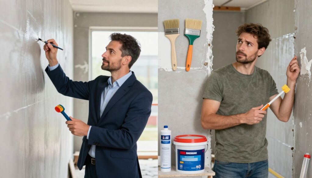 A split-view image illustrating the cost-benefit analysis of professional versus DIY waterproofing methods. In the foreground, on the left side, a professional contractor, dressed in smart business attire, examines a waterproofing wall, using tools and checking moisture levels, with a confident expression. On the right side, a homeowner in modest casual clothing is attempting a DIY waterproofing solution, looking somewhat uncertain while applying a sealant. In the middle ground, detailed visuals of both professional equipment and DIY tools, like brushes and cans of sealant, creating a clear contrast. The background features a bright, well-lit construction site, emphasizing cleanliness and professionalism. The atmosphere is one of diligence, education, and practicality, reflecting the importance of informed choices in waterproofing.