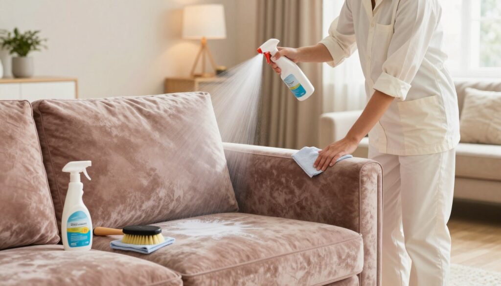 A step-by-step guide to waterproofing a velvet sofa, illustrated in a bright and inviting living room setting. In the foreground, showcase a stylish velvet sofa adorned with protective cover spray and cleaning tools like a brush and cloth. In the middle, depict the process: a person wearing a professional, modest outfit, demonstrating the application of the waterproofing spray, ensuring safety and precision. The background features warm lighting that enhances the cozy atmosphere, with soft furnishings and plants adding a touch of elegance. The scene conveys a sense of care and professionalism in maintaining the beauty and longevity of the velvet sofa. The focus is on the practical aspects of the process, ensuring clarity and engagement for viewers interested in fabric care.