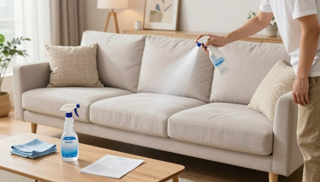 A step-by-step illustration of waterproofing a three-seater sofa at home, featuring a well-lit living room setting. In the foreground, a person dressed in modest casual clothing is applying a waterproofing spray to the sofa, demonstrating the technique. In the middle, tools such as a spray bottle, cloth, and instructions are neatly arranged on a coffee table nearby, emphasizing the DIY aspect. The background showcases a cozy living room with soft lighting, decorative pillows, and a houseplant to create a warm atmosphere. The image should capture a sense of safety and professionalism, with a focus on clarity and detail, allowing viewers to easily understand the process of sofa waterproofing. A step-by-step illustration of waterproofing a three-seater sofa at home, featuring a well-lit living room setting. In the foreground, a person dressed in modest casual clothing is applying a waterproofing spray to the sofa, demonstrating the technique. In the middle, tools such as a spray bottle, cloth, and instructions are neatly arranged on a coffee table nearby, emphasizing the DIY aspect. The background showcases a cozy living room with soft lighting, decorative pillows, and a houseplant to create a warm atmosphere. The image should capture a sense of safety and professionalism, with a focus on clarity and detail, allowing viewers to easily understand the process of sofa waterproofing.