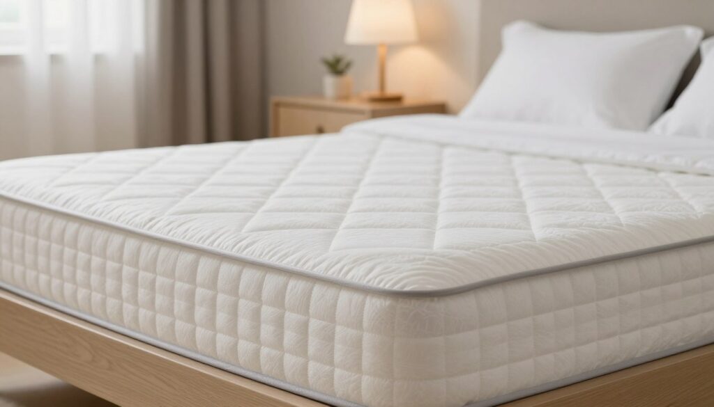 A well-arranged bedroom featuring a neatly made bed with a waterproof mattress protector visible on the mattress. In the foreground, show a close-up of the mattress protector to highlight its texture and quality, capturing details like seams and waterproof material. In the middle ground, include a bedside table with a small lamp and a few decor items that suggest a tranquil environment. The background should feature soft, diffused lighting that creates a warm, inviting atmosphere. Use a shallow depth of field to emphasize the mattress protector while softly blurring the background. The overall mood should be clean, professional, and educational, reflecting the importance of mattress care and waterproofing services. A well-arranged bedroom featuring a neatly made bed with a waterproof mattress protector visible on the mattress. In the foreground, show a close-up of the mattress protector to highlight its texture and quality, capturing details like seams and waterproof material. In the middle ground, include a bedside table with a small lamp and a few decor items that suggest a tranquil environment. The background should feature soft, diffused lighting that creates a warm, inviting atmosphere. Use a shallow depth of field to emphasize the mattress protector while softly blurring the background. The overall mood should be clean, professional, and educational, reflecting the importance of mattress care and waterproofing services.