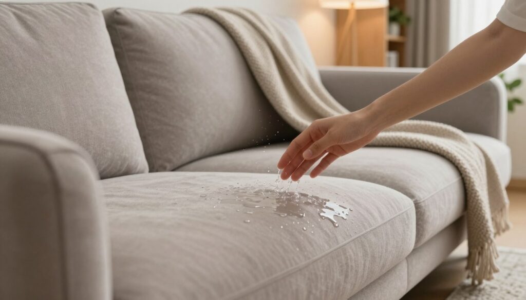 A well-lit, close-up image of a modern, stylish sofa in a cozy living room. The sofa is upholstered in a water-resistant fabric, showcasing its durability against spills, with drops of water beading on the surface. In the foreground, a hand is demonstrating the effectiveness of the waterproof treatment, gently splashing water onto the fabric. The middle ground features a soft throw blanket draped casually over one arm of the sofa, inviting relaxation. The background hints at a warm and inviting environment, with soft lighting that creates a tranquil atmosphere, and subtle decor elements like potted plants and bookshelves. The focus is on the sofa, highlighting its texture and color, conveying a sense of safety and longevity in upholstery care. A well-lit, close-up image of a modern, stylish sofa in a cozy living room. The sofa is upholstered in a water-resistant fabric, showcasing its durability against spills, with drops of water beading on the surface. In the foreground, a hand is demonstrating the effectiveness of the waterproof treatment, gently splashing water onto the fabric. The middle ground features a soft throw blanket draped casually over one arm of the sofa, inviting relaxation. The background hints at a warm and inviting environment, with soft lighting that creates a tranquil atmosphere, and subtle decor elements like potted plants and bookshelves. The focus is on the sofa, highlighting its texture and color, conveying a sense of safety and longevity in upholstery care.