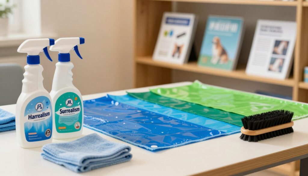 A well-lit indoor setting focusing on a table with various cleaning supplies for waterproof fabric care. In the foreground, there are spray bottles labeled for fabric cleaning, a soft cloth, and a brush. The middle section features a vibrant, waterproof textile swatch, showcasing its texture and color, perhaps in shades of blue or green. In the background, soft-focus shelves display pamphlets or guides on maintaining waterproof fabrics, conveying a sense of organization and care. The lighting is warm and inviting, creating an atmosphere of professionalism and attention to detail. The image should emphasize practical care tips for preserving waterproof fabrics after pet accidents, evoking a sense of reliability and ease. A well-lit indoor setting focusing on a table with various cleaning supplies for waterproof fabric care. In the foreground, there are spray bottles labeled for fabric cleaning, a soft cloth, and a brush. The middle section features a vibrant, waterproof textile swatch, showcasing its texture and color, perhaps in shades of blue or green. In the background, soft-focus shelves display pamphlets or guides on maintaining waterproof fabrics, conveying a sense of organization and care. The lighting is warm and inviting, creating an atmosphere of professionalism and attention to detail. The image should emphasize practical care tips for preserving waterproof fabrics after pet accidents, evoking a sense of reliability and ease.