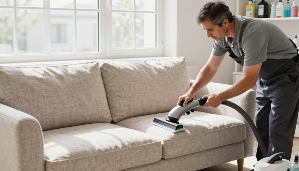 A well-lit interior scene showcasing a professional cleaning process for a linen sofa before waterproofing. In the foreground, a middle-aged technician, dressed in a modest business attire, uses a specialized cleaning machine on the sofa, focusing on its textured linen fabric. In the middle, the sofa is positioned against a bright, natural light window that casts soft shadows, highlighting the intricacies of the fabric. The background includes various cleaning supplies neatly arranged on a shelving unit, enhancing the sense of professionalism and thoroughness. The mood is calm and efficient, reflecting the importance of proper care before waterproofing furniture. The image should capture the attention and convey the significance of hygiene in furniture treatment. A well-lit interior scene showcasing a professional cleaning process for a linen sofa before waterproofing. In the foreground, a middle-aged technician, dressed in a modest business attire, uses a specialized cleaning machine on the sofa, focusing on its textured linen fabric. In the middle, the sofa is positioned against a bright, natural light window that casts soft shadows, highlighting the intricacies of the fabric. The background includes various cleaning supplies neatly arranged on a shelving unit, enhancing the sense of professionalism and thoroughness. The mood is calm and efficient, reflecting the importance of proper care before waterproofing furniture. The image should capture the attention and convey the significance of hygiene in furniture treatment.