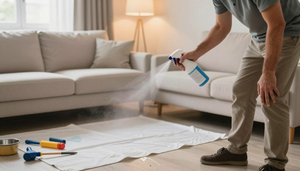 A well-lit living room setting featuring a professional applying a waterproofing solution to a stylish sofa. In the foreground, a mid-aged person in modest casual clothing holds a spray bottle, gently misting the fabric of a modern, light-colored sofa. The sofa has a contemporary design with clean lines and cushions. In the middle ground, a drop cloth is carefully laid out, protecting the floor from drips, while color-coded tools for the application are neatly arranged. The background includes soft, ambient lighting from a nearby window, casting a warm glow on the scene, enhancing the atmosphere of a cozy home improvement project. The overall mood is focused and professional, showcasing meticulous attention to detail during the application process. A well-lit living room setting featuring a professional applying a waterproofing solution to a stylish sofa. In the foreground, a mid-aged person in modest casual clothing holds a spray bottle, gently misting the fabric of a modern, light-colored sofa. The sofa has a contemporary design with clean lines and cushions. In the middle ground, a drop cloth is carefully laid out, protecting the floor from drips, while color-coded tools for the application are neatly arranged. The background includes soft, ambient lighting from a nearby window, casting a warm glow on the scene, enhancing the atmosphere of a cozy home improvement project. The overall mood is focused and professional, showcasing meticulous attention to detail during the application process.